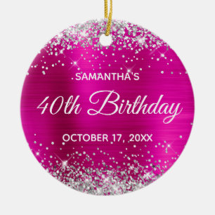 Zilveren Glitter Roze Folie 40e Verjaardag Keramisch Ornament