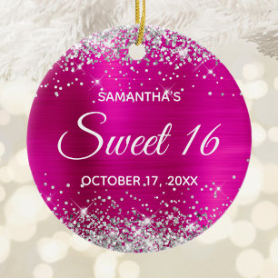 Zilveren Glitter Roze Folie Sweet 16 Verjaardag Keramisch Ornament