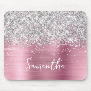 Zilveren Glitter Roze Glam Naam Muismat