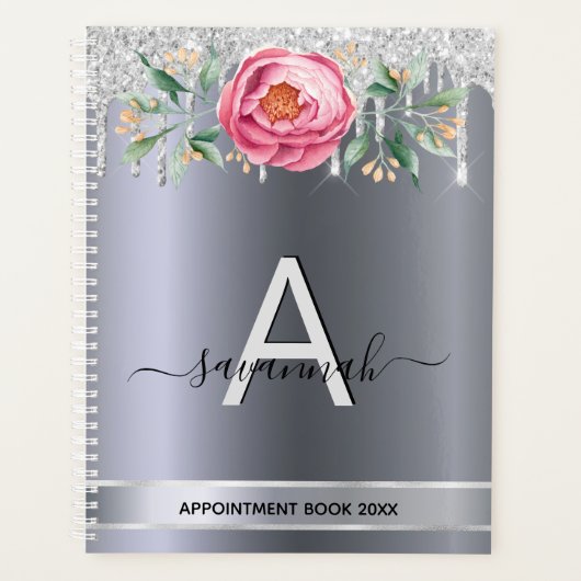 Zilveren glitter roze monogram afspraken planner (Voorkant)