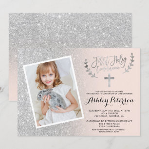 Zilveren glitter roze ombre eerste communie foto kaart