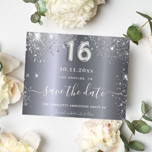 Zilveren glitter 'Save the Date' voor een Sweet 16