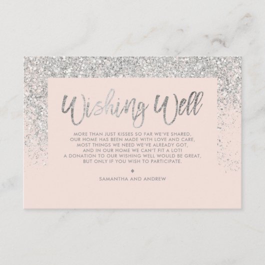Zilveren glitter script blush roze wensengoed informatiekaartje (Voorkant)