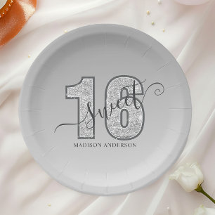 Zilveren Glitter Script Sweet 16 Papieren Bordje