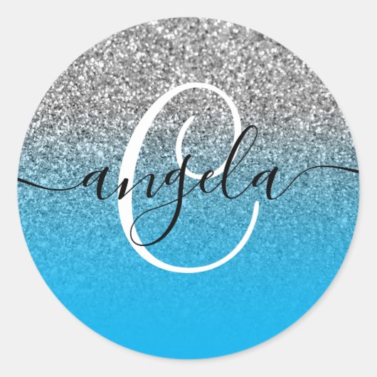 Zilveren Glitter Sky Blue Ombre monogram Ronde Sticker (Voorkant)