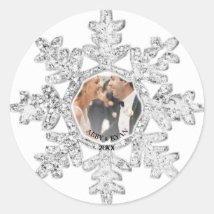 Zilveren Glitter Sneeuwvlok Fotolijst Persoonlijk Ronde Sticker