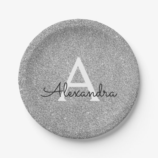 Zilveren Glitter & Sparkle Monogram Verjaardag Papieren Bordje (Voorkant)