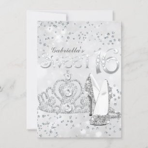 Zilveren Glitter Tiara & Hoge Hakken Sweet 16 Uitn Kaart