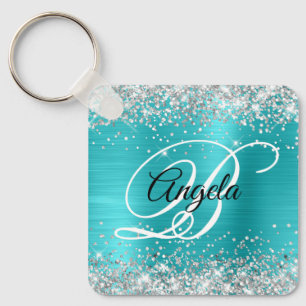 Zilveren Glitter Turquoise Blauwe Folie Fancy Mono Sleutelhanger
