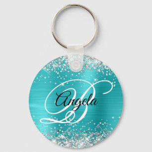 Zilveren Glitter Turquoise Blauwe Folie Fancy Mono Sleutelhanger