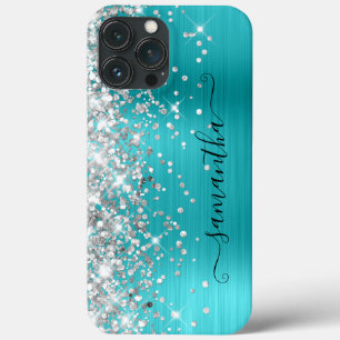 Zilveren Glitter Turquoise Blauwe Meisjesachtige H iPhone 13 Pro Max Hoesje