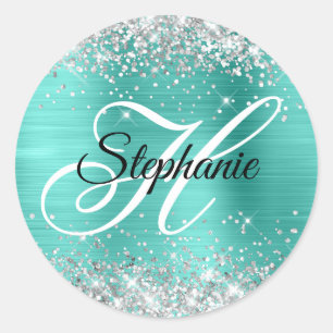 Zilveren Glitter Turquoise Folie Fantasie Monogram Ronde Sticker