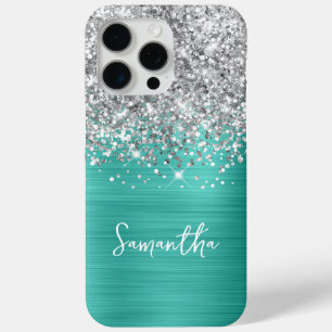 Zilveren Glitter Turquoise Glam Naam iPhone 15 Pro Max Hoesje