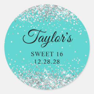 Zilveren Glitter Turquoise Sweet 16 Ronde Sticker