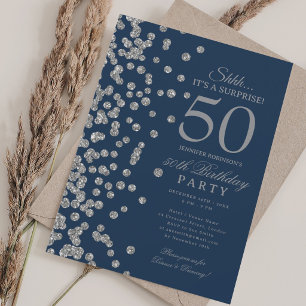 Zilveren Glitter Verrassing 50ste Verjaardag Navy Kaart