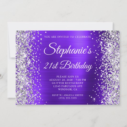 Zilveren Glitter Violet Monogram 21ste Verjaardag Kaart (Voorkant)