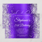 Zilveren Glitter Violet Monogram 21ste Verjaardag Kaart (Voorkant / Achterkant)