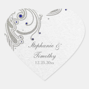 Zilveren glitter wervelingen + blauw juweel bruilo hart sticker