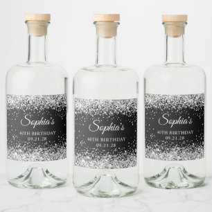 Zilveren Glitter Zwart 40e Verjaardag Likeurfles Etiket
