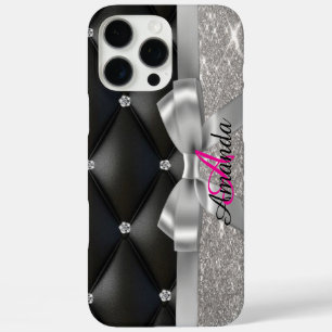 Zilveren glitter zwart monogram iPhone 16 pro max hoesje
