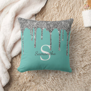 Zilveren Glitterdruppels Licht Teal Monogram Naam Kussen