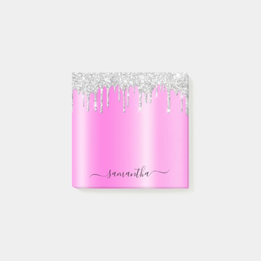 Zilveren Glitterdruppels Magenta Glans Post-it® Notes (Voorkant)