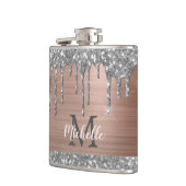 Zilveren Glitterdruppels op Roze Metalen Monogram Heupfles (Links)