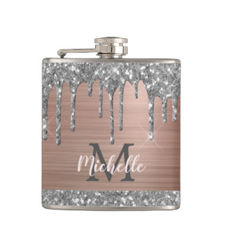 Zilveren Glitterdruppels op Roze Metalen Monogram Heupfles