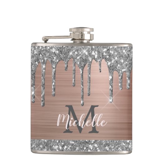 Zilveren Glitterdruppels op Roze Metalen Monogram Heupfles (Voorkant)