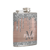 Zilveren Glitterdruppels op Roze Metalen Monogram Heupfles (Rechts)