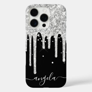 Zilveren Glitterdruppels Zwarte Glam Handtekening iPhone 16 Pro Hoesje