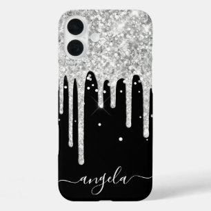 Zilveren Glitterdruppels Zwarte Glam Handtekening iPhone 16 Plus Hoesje