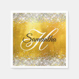 Zilveren Glitterige Gouden Folie Fancy Monogram Servet
