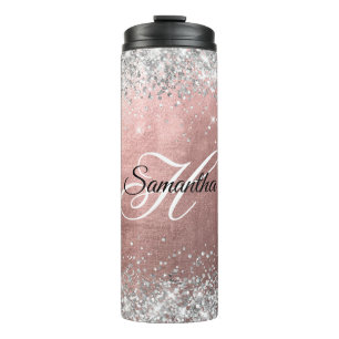 Zilveren Glitterige Roze Gouden Folie Fancy Monogr Thermosbeker