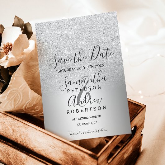 Zilveren glitters ombre metallic save the date aankondigingskaart