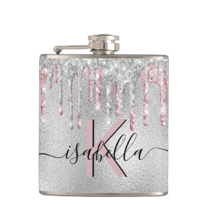 Zilveren glitters roze monogram glans schrift heupfles