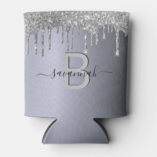 Zilveren glitterslierten naam monogram feest blikjeskoeler (Voorkant)