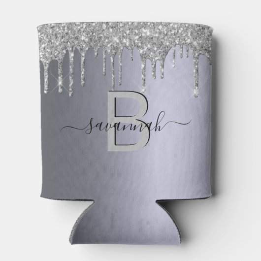 Zilveren glitterslierten naam monogram feest blikjeskoeler (Achterkant)