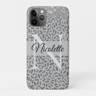 Zilveren Glittery Feathers Monogram Elegant iPhone 11 Pro Hoesje