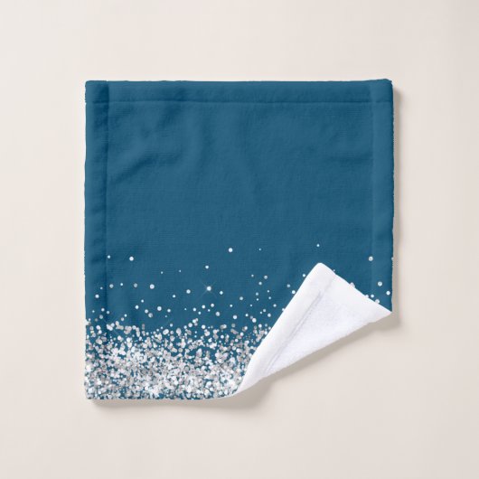 Zilveren Glittery Glam Edging op Blauwe Badhanddoe Bad Handdoek (Wasdoekje)