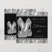 Zilveren glittery hoge hakken schoenen party uitno kaart (Voorkant / Achterkant)