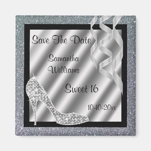 Zilveren Glittery Stiletto & Streamers Sweet 16 Magneet (Voorkant)