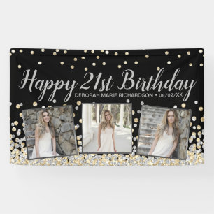Zilveren Gouden Confetti Fotocollage 21e Verjaarda Spandoek