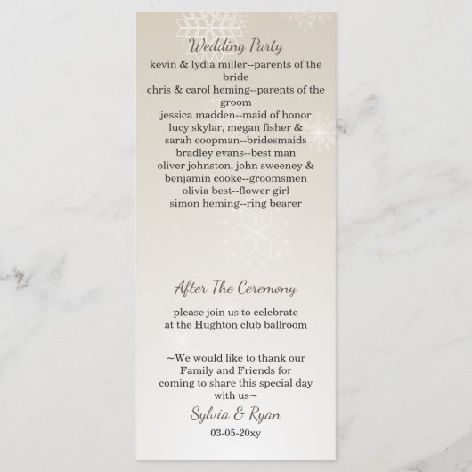 zilveren goudsneeuwvlokken wintertrouwprogramma's programma (Achterkant)