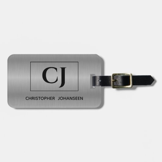Zilveren Grijs Geborsteld Metaal Zwart Vet Monogra Bagagelabel (Voorkant horizontaal)