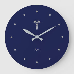 Zilveren grijze caduceus op marineblauwe ronde klo grote klok