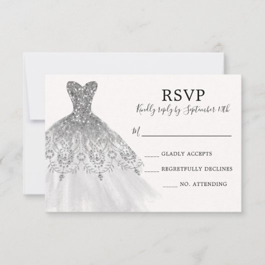 Zilveren Grijze Glitter Sparkle Dress Gown Script RSVP Kaartje (Voorkant)