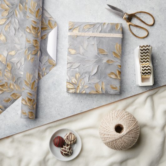 Zilveren Grijze Gouden Bladeren Cadeaupapier (Crafts)