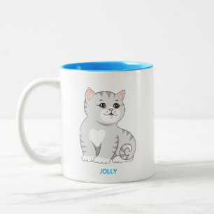Zilveren grijze tabby poes kat & gepersonaliseerde tweekleurige koffiemok