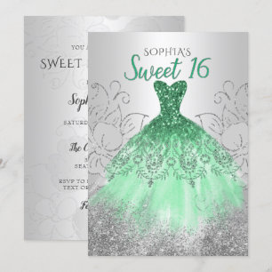 Zilveren groene glinsterjurk Sweet 16 verjaardag Kaart